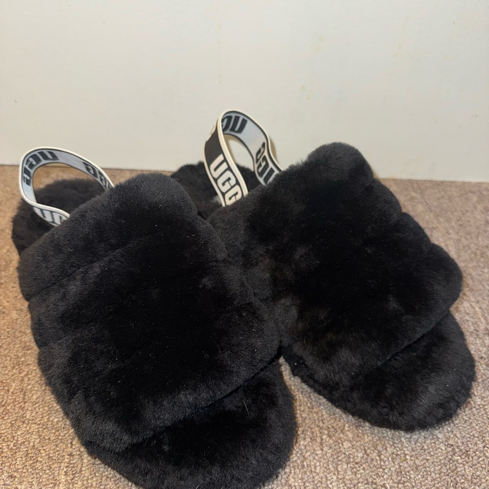 UGG Black Fluffy Slides with Logo Strap